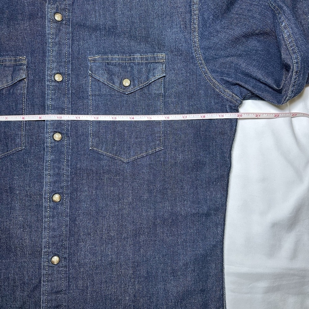 Wrangler Mens Western Denim Shirt Med Blue Indigo Pearl Snap Long Sleeve Retro - Picture 8 of 9